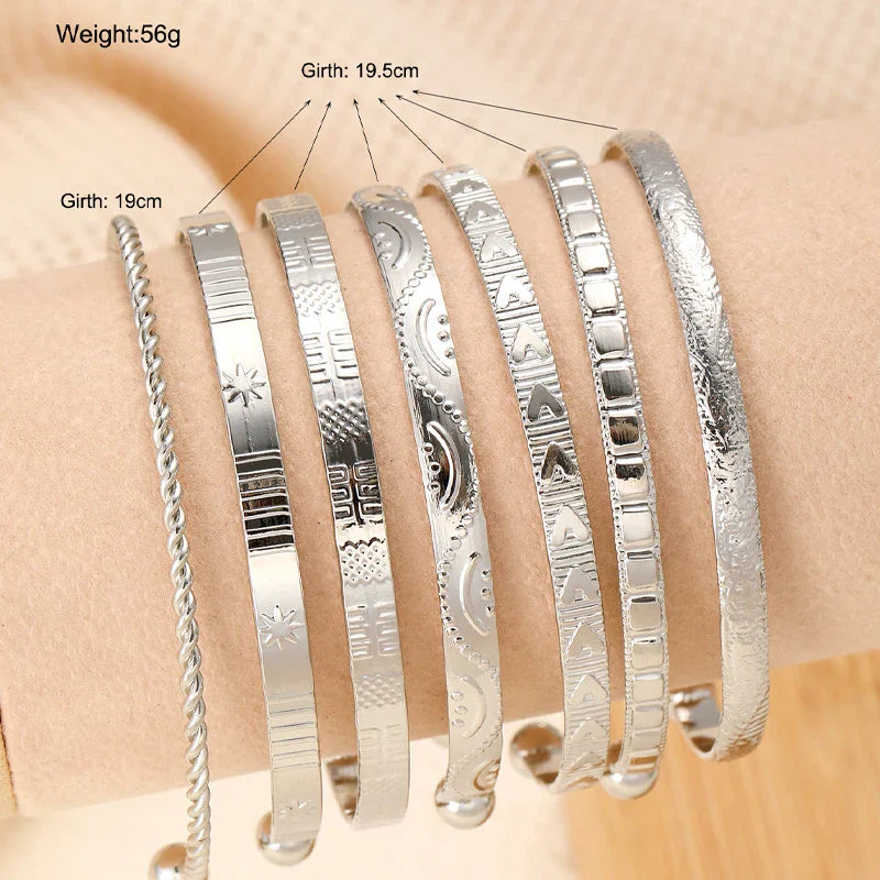 7Pcs/Set Vintage Elegant Rhombus Heart Twist Design Bangle Bracelet Gold Color Smooth Bracelets Set For Women Charm Jewelry Gift Vera Lux