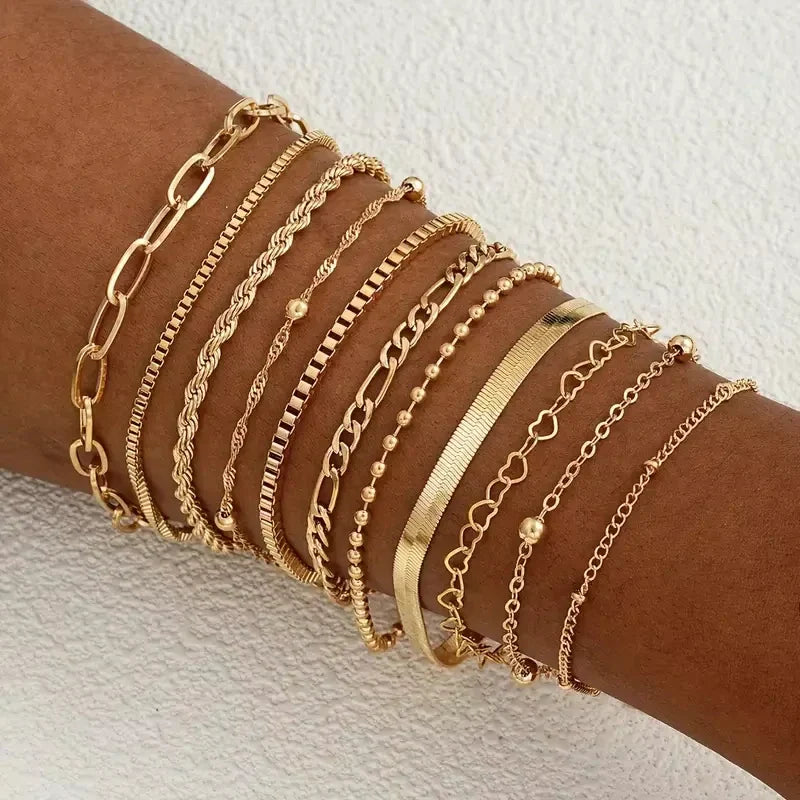 11pcs Chic Snake Chain Bracelet Set for Women Boho Simple Elegant Heart Geometric Chain Vacation Date Casual Jewelry Gifts Vera Lux