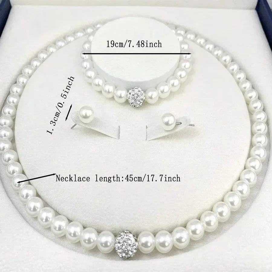 3 PCS Imitation Pearl Fireball Necklace Bracelet Earring Stud Jewelry Set Silver Color Crystal Stone Elegant Bridal Jewelry Gift Vera Lux