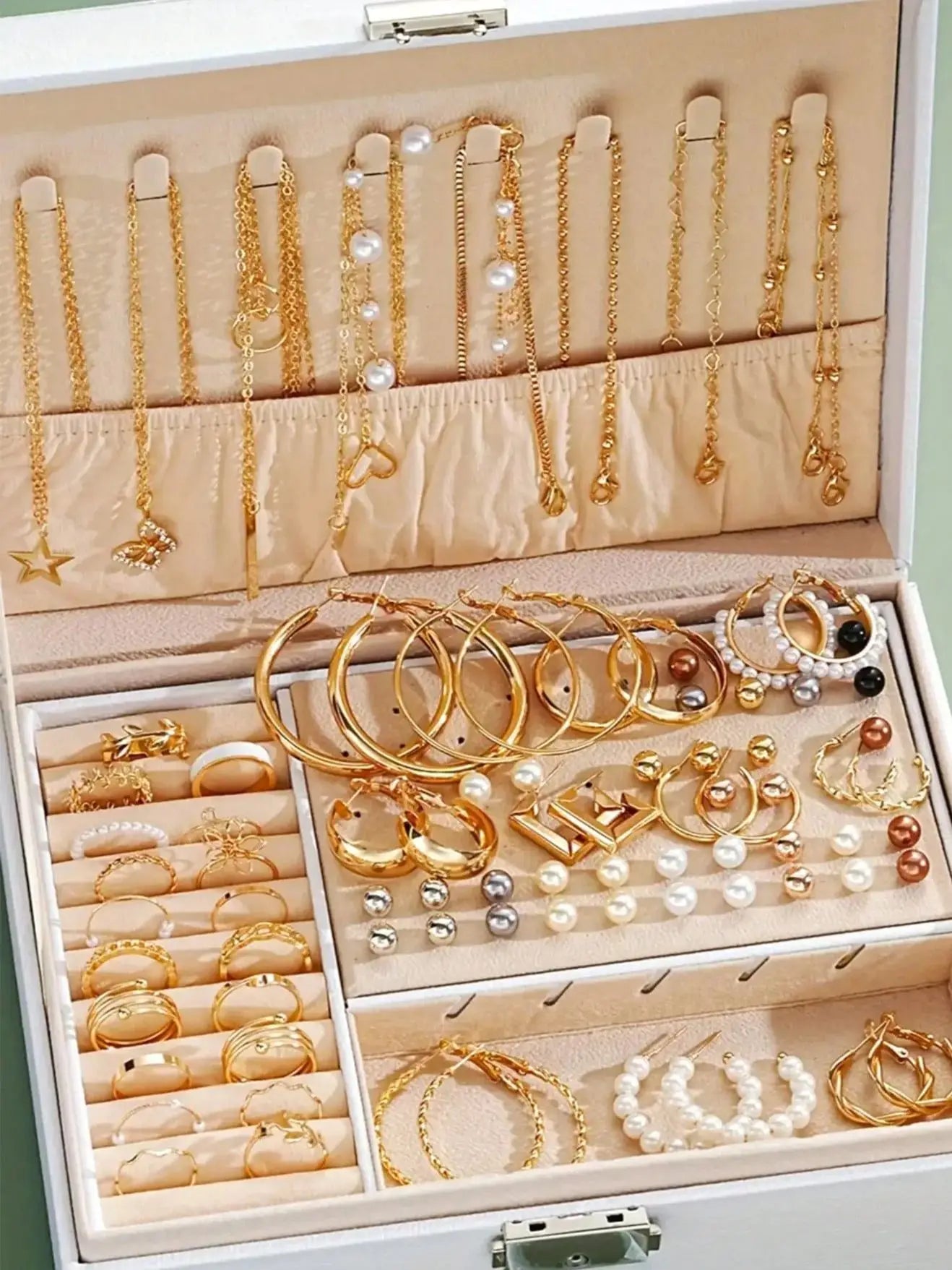 86pcs/Set Elegant Pearl Earrings Multi-Layered Necklace Ear Studs Rings 4-In-1 Jewelry Set For Women Daily Wear Gift (No Box) Vera Lux