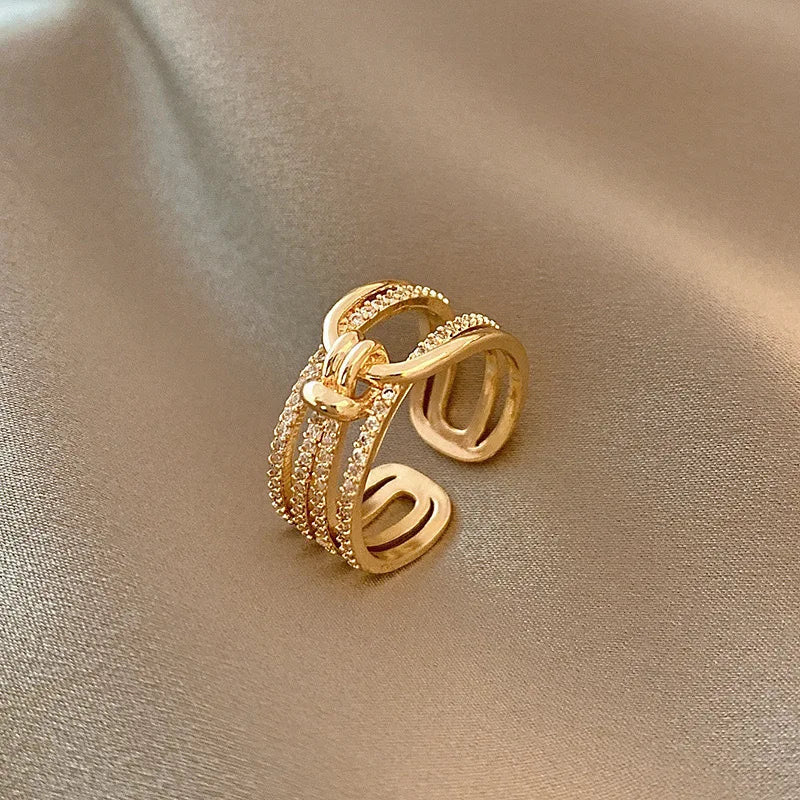 Luxury Double Layers Zircon Rings for Women Gold Plated Opening Stainless Steel Ring Trend Aesthetic Party Wedding Jewelry Vera Lux