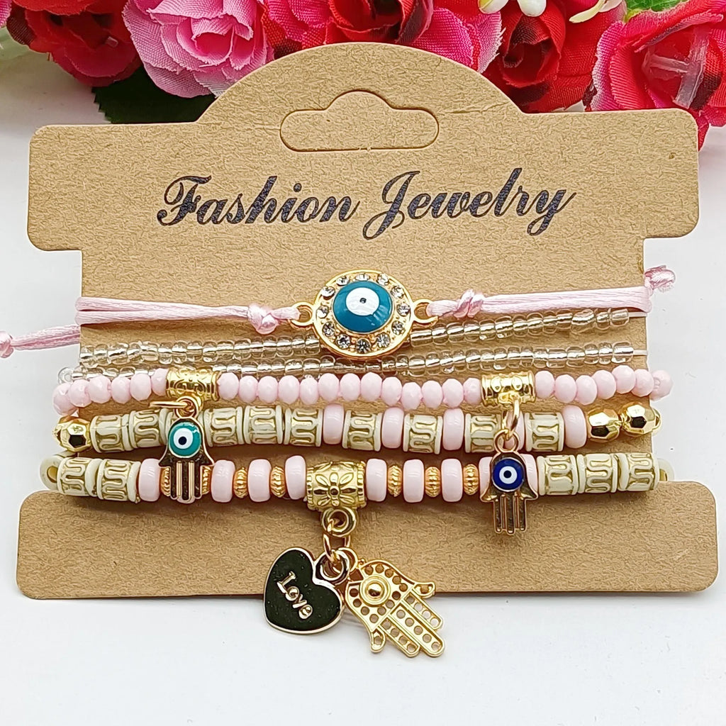 6Pcs Fatima Hand Evil Eye Bracelet Set For Women Heart Charm Beads Rope Chain Bangle Female Bohemian Handmade Jewelry Vera Lux
