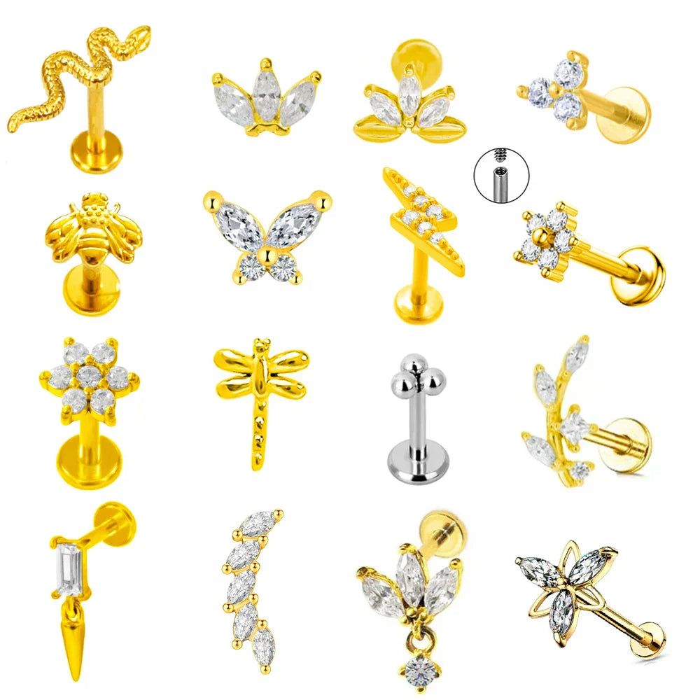 Lightning Internal Thread Labret Piercing Crown Bee Flowers Cartilage Earring Tragus Conch 316L Stainlesss Steel Body Jewelry Vera Lux