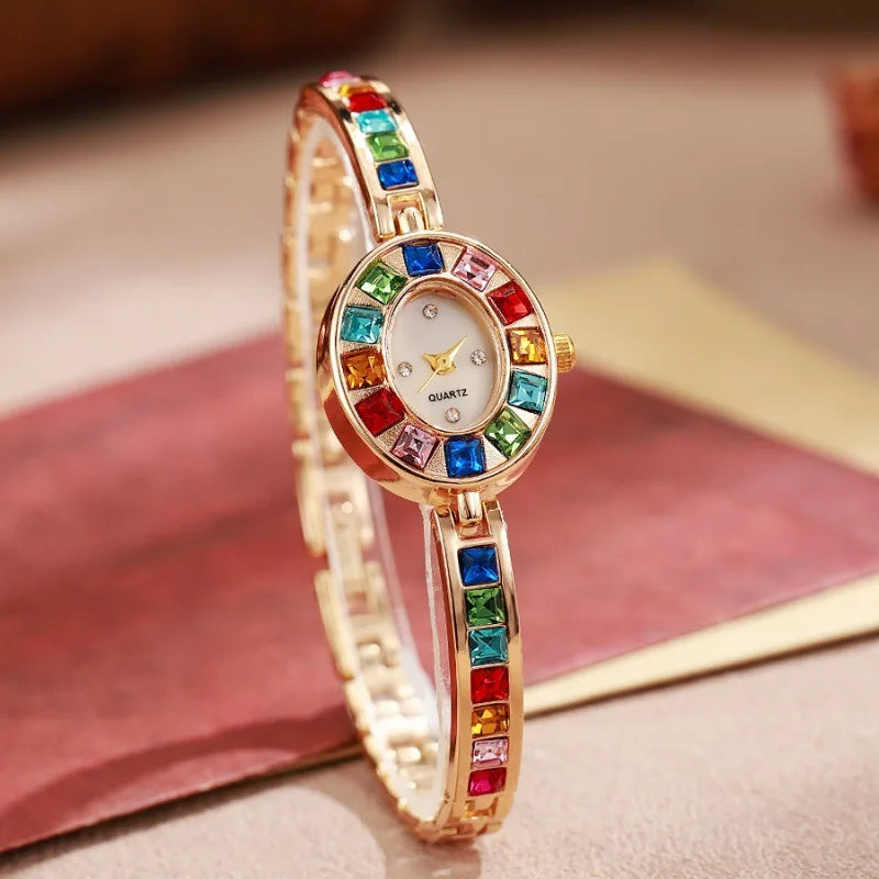 Dropshipping Women Quartz Watches New Fashion Rainbow Rhinestone Strap Oval Dial Bracelet Watch Wholesale Wristwatches Reloj Vera Lux