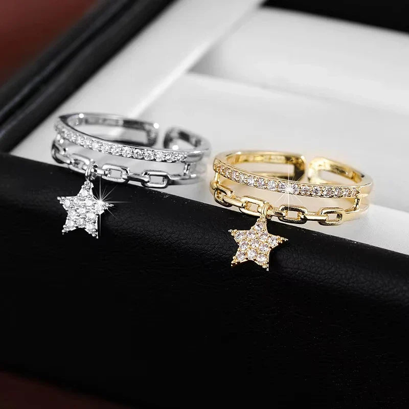 Exquisite Double-layer Design Women's Opening Ring Synthetic Zirconia Adjustable Ring with Star Pendant Vera Lux