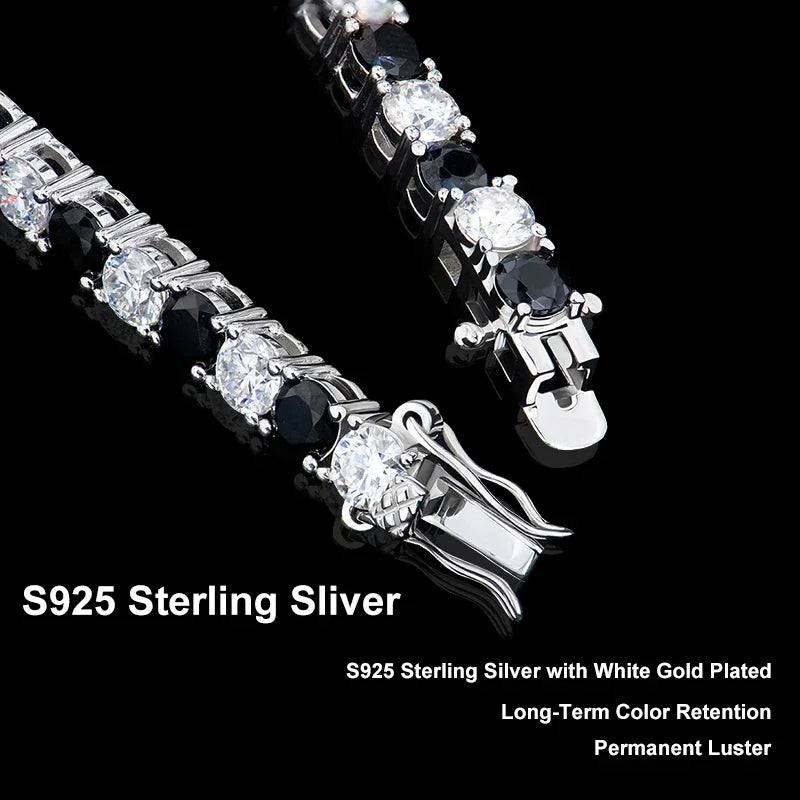 NeeTim Black and White All Moissanite Tennis Bracelets for Women Man s925 Sterling Silver Plated White Gold Hip Hop Bracelet Vera Lux