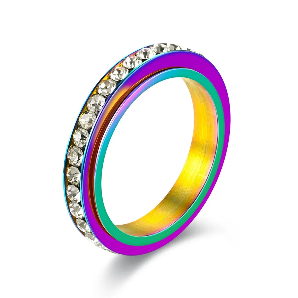 4MM Stainless Steel Spinner Finger Rings For Women Crystal Rotatable Wedding Ring Men Fashion Anniversary Party Jewelry Vera Lux