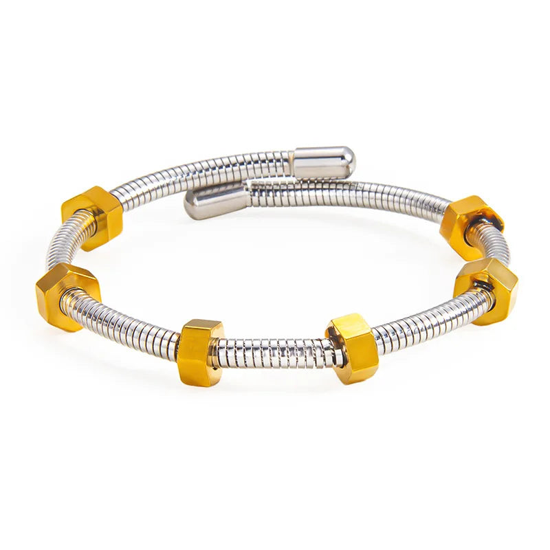 1pcs Stainless Steel Gold-plated Bangle Trendy Retro Hip-hop Style Bracelet Fried Dough Twists Steel Wire Rope Colorfast Bangle Vera Lux