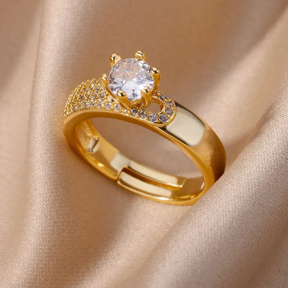 Stainless Steel Round Rings For Women Zircon Geometric Gold Color Crystal Ring Aesthetic Wedding Party Jewerly Gift Bague Femme Vera Lux