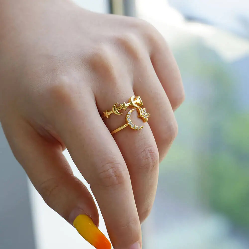 Zircon Star Moon Rings For Women Gold Color Adjustable Stainless Steel Moon Star Ring Wedding Aesthetic Party Jewelry Gift BFF Vera Lux