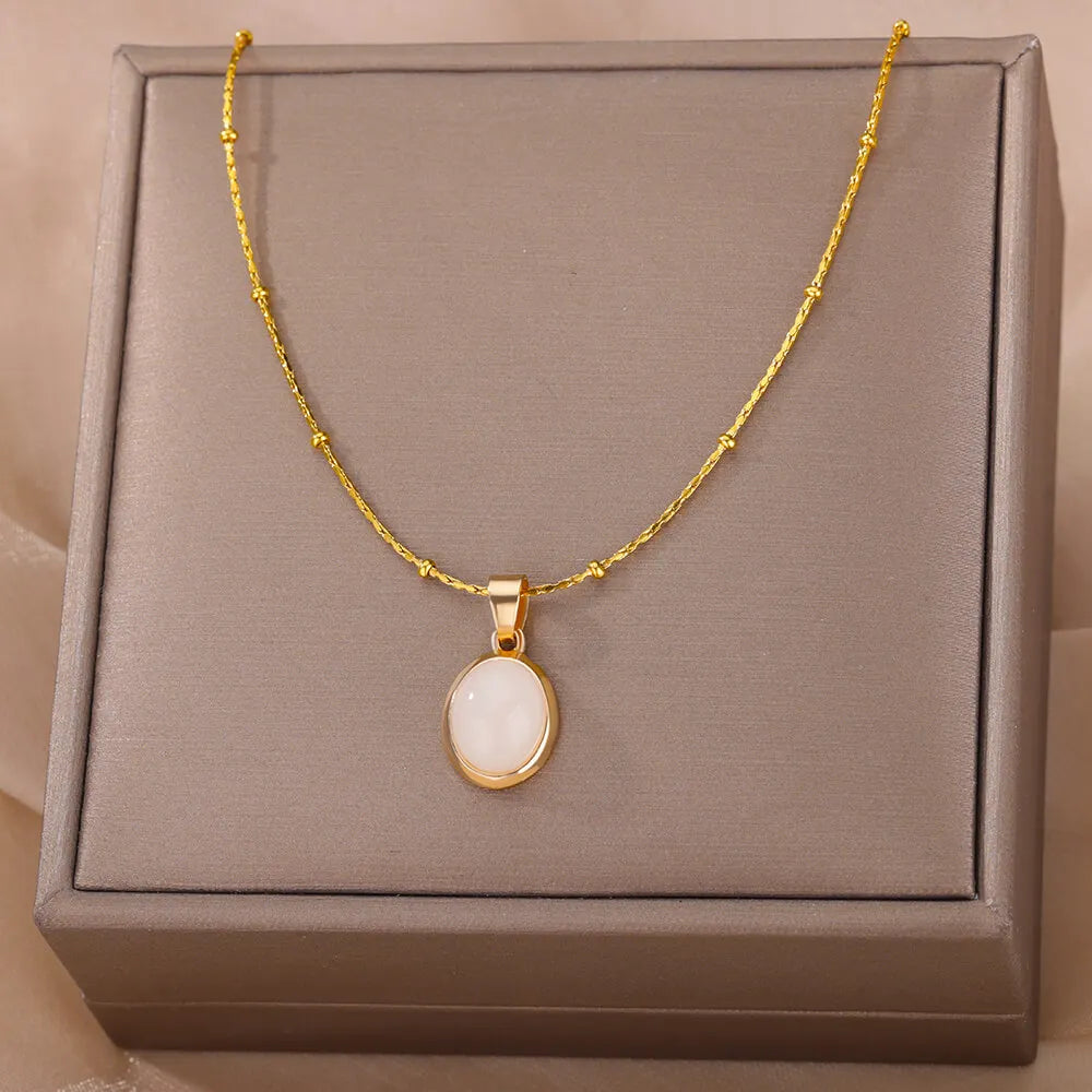 Fashion Stone Opal Oval Necklace For Women Stainless Steel Gold Color Oval Stone Pendant Necklace Wedding Aesthetic Jewelry Gift Vera Lux