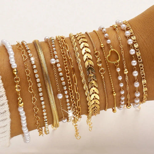16pcs Minimalist Heart Pearl Rhinestone Snake Chain Bracelet Set for Women Elegant Gold Color Dates Vacations Daily Wear Jewelry Vera Lux