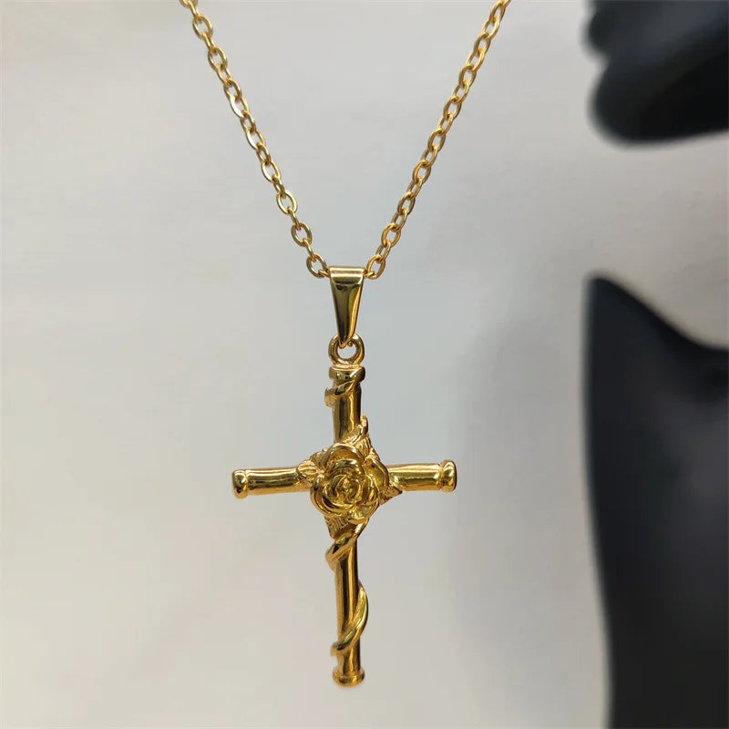 Waterproof Vintage 18k Gold Plated Stainless Steel Charm Rose Cross Pendant Necklace For Men Women Jewelry Gift Vera Lux