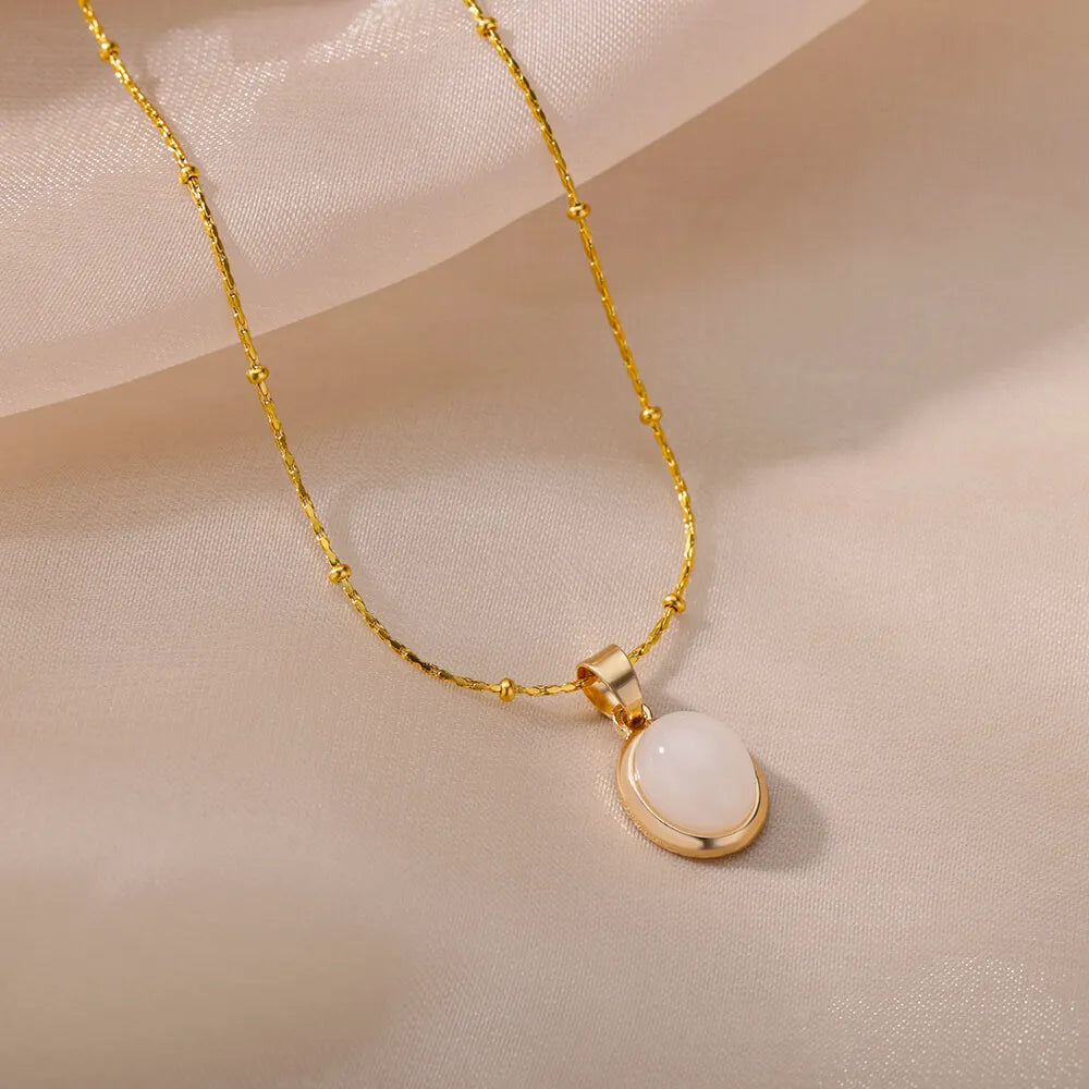 Round Opal Necklace For Women Girls Stainless Steel Natural Stone Pendant Chains Choker Necklaces New In Jewelry Gift Collier Vera Lux