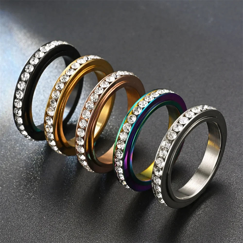 4MM Stainless Steel Spinner Finger Rings For Women Crystal Rotatable Wedding Ring Men Fashion Anniversary Party Jewelry Vera Lux