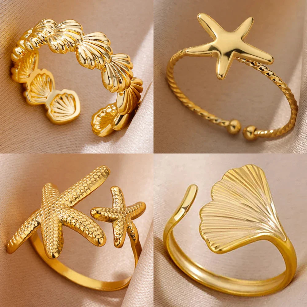 Ocean Starfish Shell Open Rings For Women Gold Color Stainless Steel Ring Summer Beach Aesthetic Waterproof Jewelry Gift Vera Lux