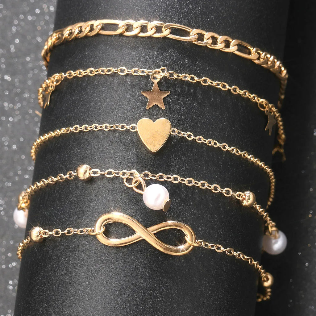 5Pcs Retro Multilayer Tassel Anklet Set for Women Bohemia Vintage Pearl Butterfly Star Heart Pendant Foot Bracelet Beach Jewelry Vera Lux