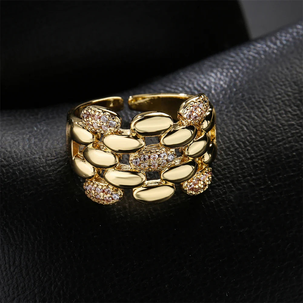NEWBUY Trendy Gold Color Copper Geometric Jewelry Luxury AAA Cubic Zirconia Wedding Ring For Elegant Women Engagement Gift Vera Lux