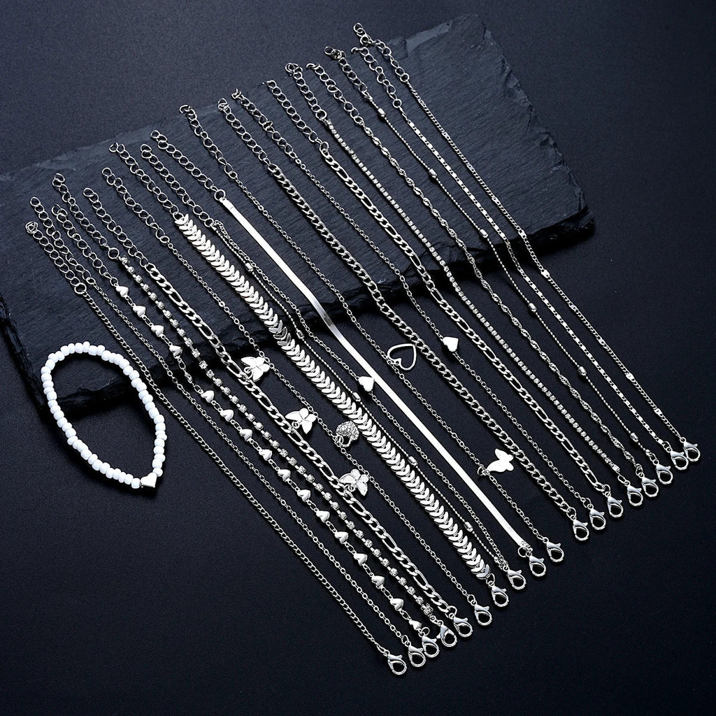 19Pcs/Set New Design Silver Color Anklet Sets for Women Fashion Pearl Butterfly Heart Crystal Foot Chain Versatile Daily Jewelry Vera Lux