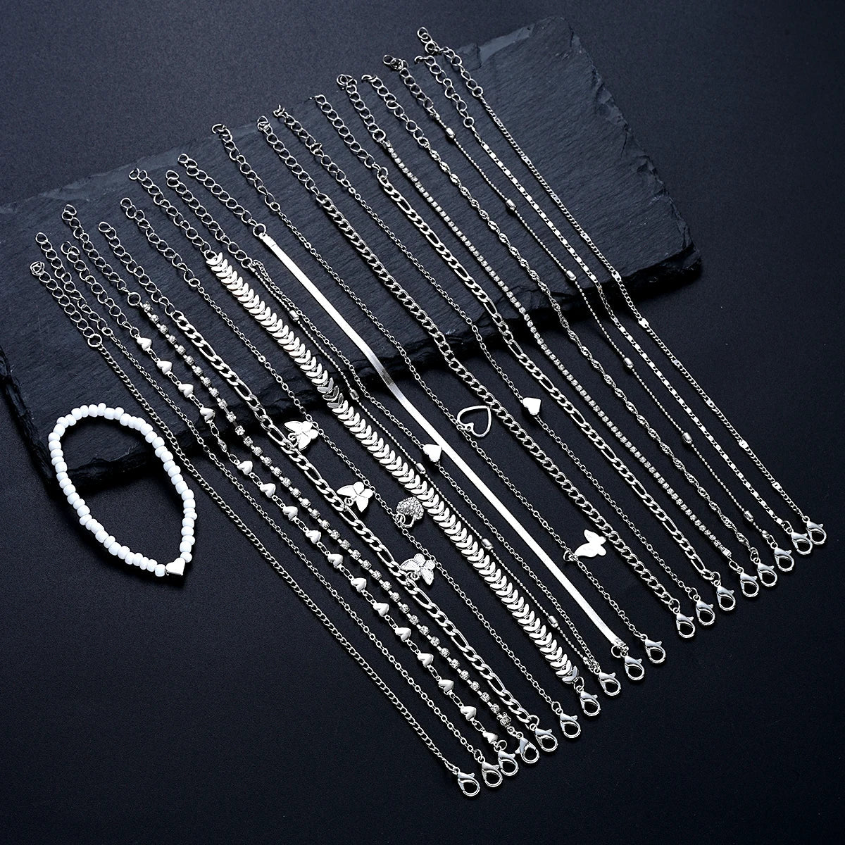 19Pcs/Set New Design Silver Color Anklet Sets for Women Fashion Pearl Butterfly Heart Crystal Foot Chain Versatile Daily Jewelry Vera Lux