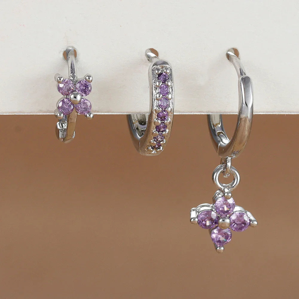 3PCS Trendy Stainless Steel Flower Drop Earring Set For Women Crystal Zirconia Dangle Earring Hypoallerg Piercing Jewelry aretes Vera Lux