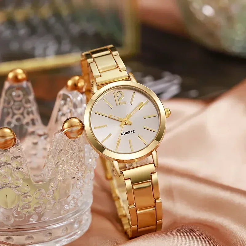 Relógio de pulso de quartzo redondo simples para mulheres, moda inoxidável, pulseira de ouro, relógios femininos, luxo, Vera Lux
