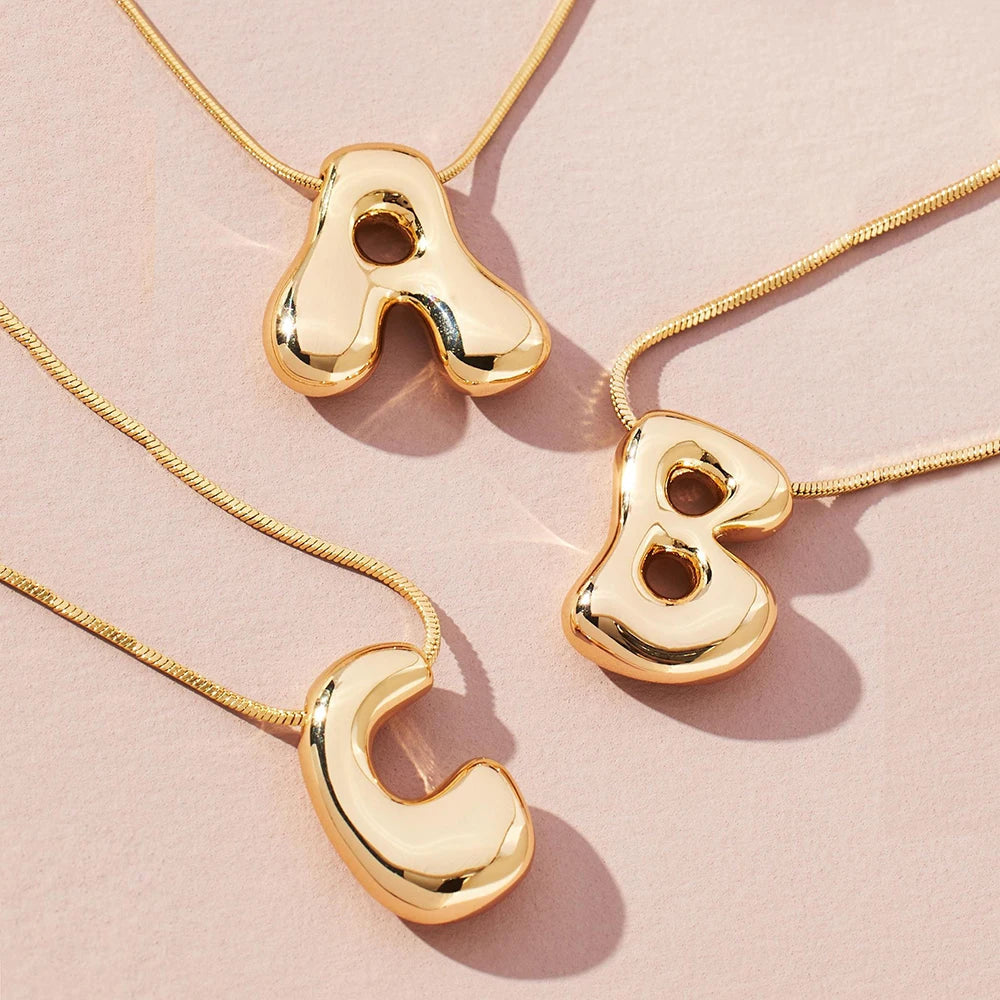 Golden Color Stainless Steel Initial Necklace for Women Girls Chunky Bubble Letter Pendant Necklaces Trendy Collar Jewelry Gift Vera Lux