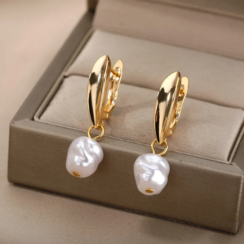 Fashion Circle Imitation Pearl Drop Earrings for Women Gold Color Stainless Steel Round Geometric Hoop Earring Wedding Jewelry Vera Lux