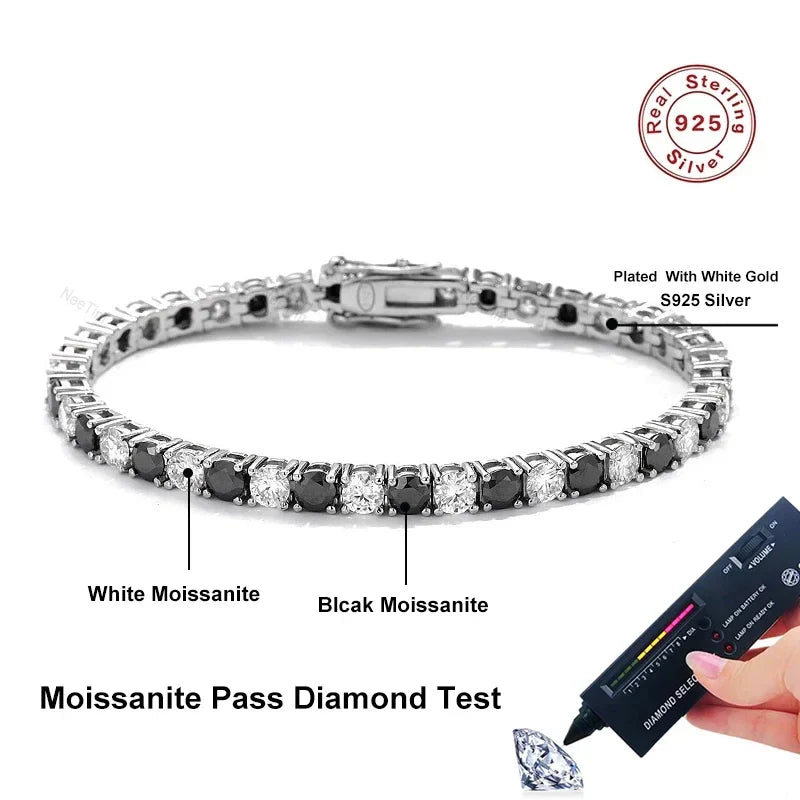 NeeTim Black and White All Moissanite Tennis Bracelets for Women Man s925 Sterling Silver Plated White Gold Hip Hop Bracelet Vera Lux