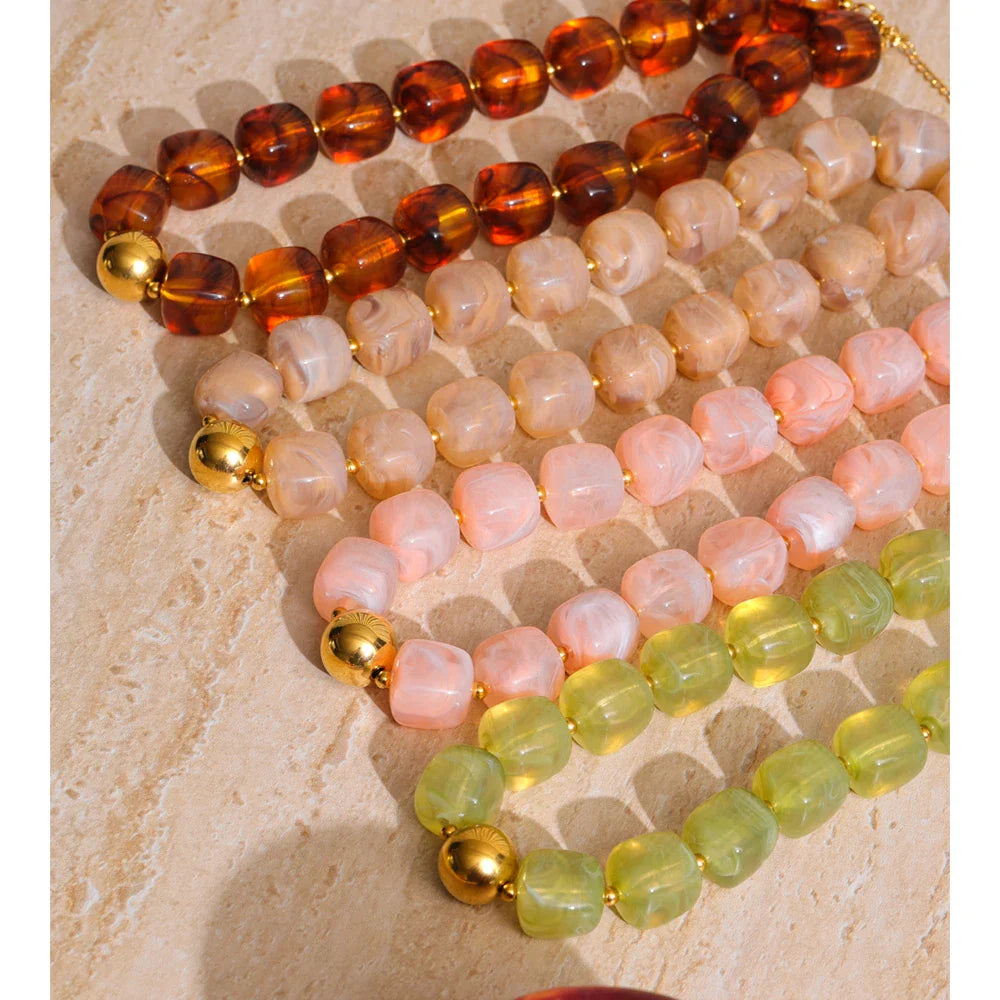 Yhpup Acrylic Square Beads Chain Necklace Bracelet Bangle Stainless Steel Handmade Jewelry Waterproof Green Khaki Pink Amber Vera Lux