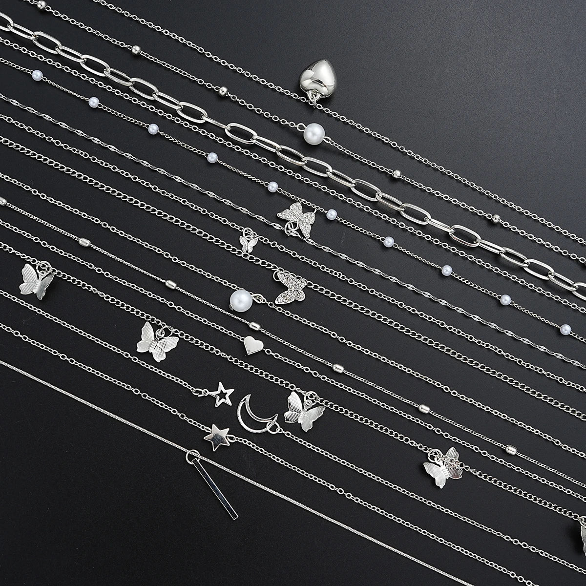 13Pcs/Set Simple Temperament Necklace Set Butterfly Pearl Heart Star Zircon Silver Color Necklace for Women Fashion Jewelry Gift Vera Lux