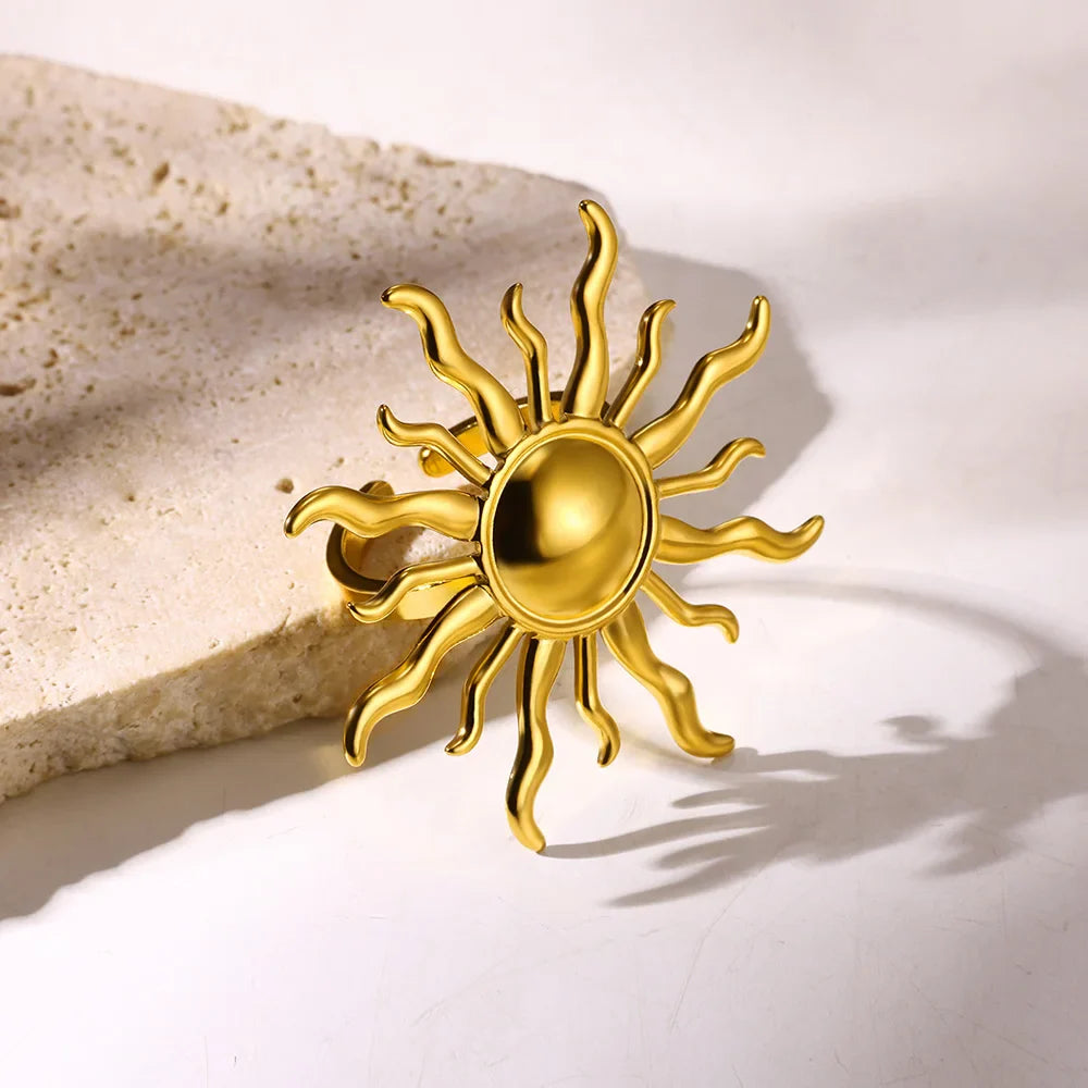 Exaggerated Sun Rings For Women Gold Color Stainless Steel Sun Adjustable Ring Fashion Anniversary Party Lucky Jewelry Gift Vera Lux