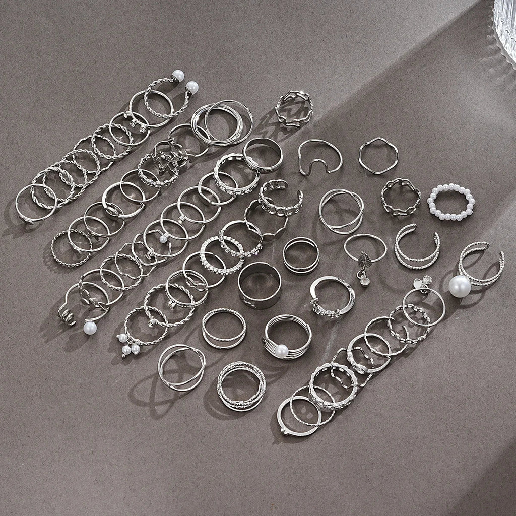 64 Pcs Silver Color Geometric Knuckle Rings Set For Women Heart Cross Leaf Pearl Charm Finger Ring Female Boho Party Jewelry Vera Lux