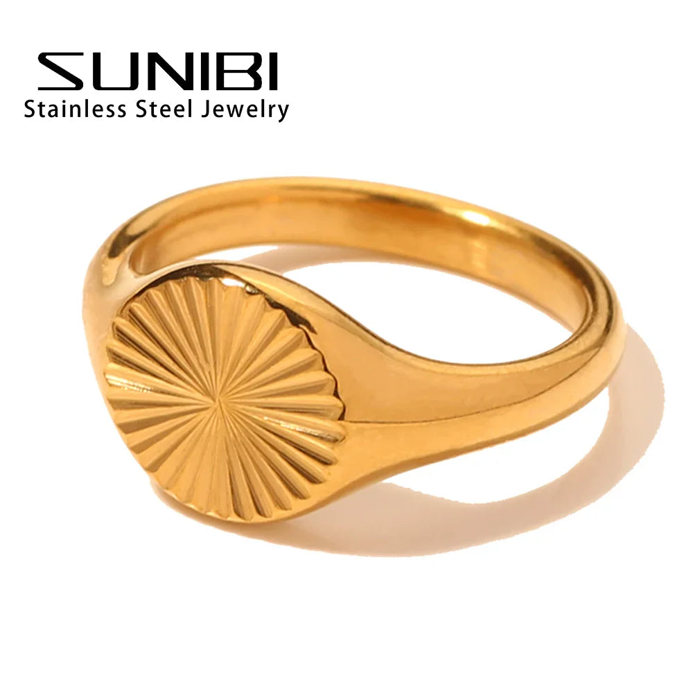 SUNIBI Stainless Steel Rings for Women Gold Color Do Not Fade Wave Rays Texture Signet Dainty Ladies Ring Jewelry Wholesale Vera Lux