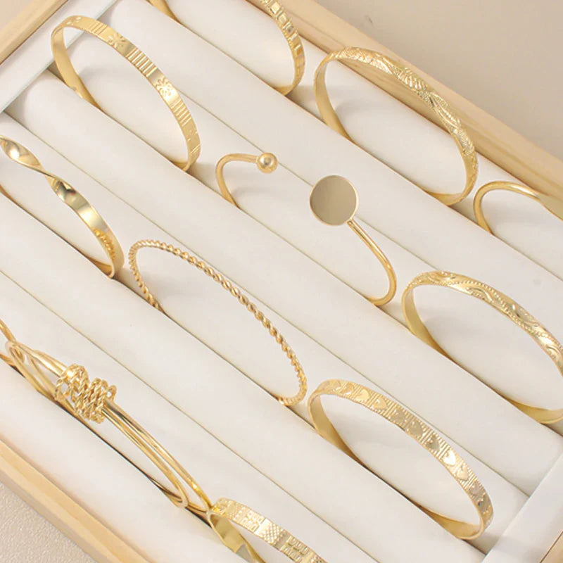 12 Pcs/Set Trendy Multilayer Open Bangles Set for Women Punk Gold Color Geometric Delicate Twist Bracelets Wedding Jewelry Gifts Vera Lux
