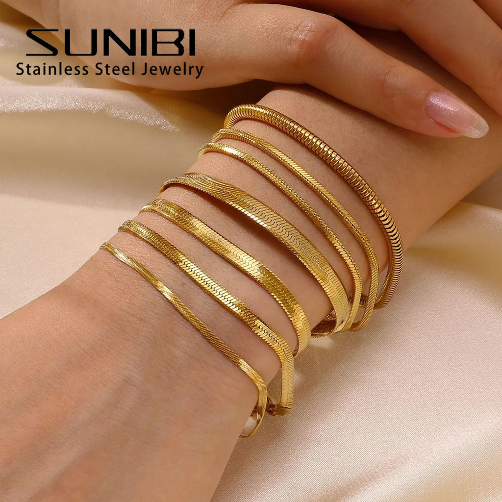 SUNIBI Women Trend Classic Snake Chain Bracelet Gold Color Width 2/3/4/5MM Stainless Steel Chain Bracelet For Women Jewelry Gift Vera Lux