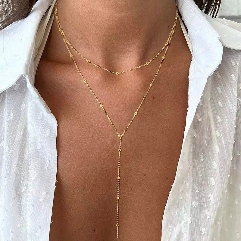 Gold Plated Lariat Necklace for Women, Double Laryered Long Chain Drop Pendant Choker Necklaces Fashion Gifts Vera Lux