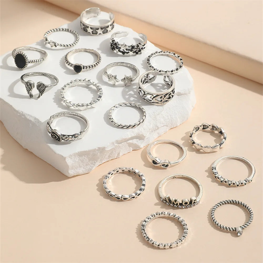 19 PCS Retro Punk Finger Ring Set For Women Vintage Heart Wing Star Gothic Ring Female Fashion Jewelry Accessories Vera Lux