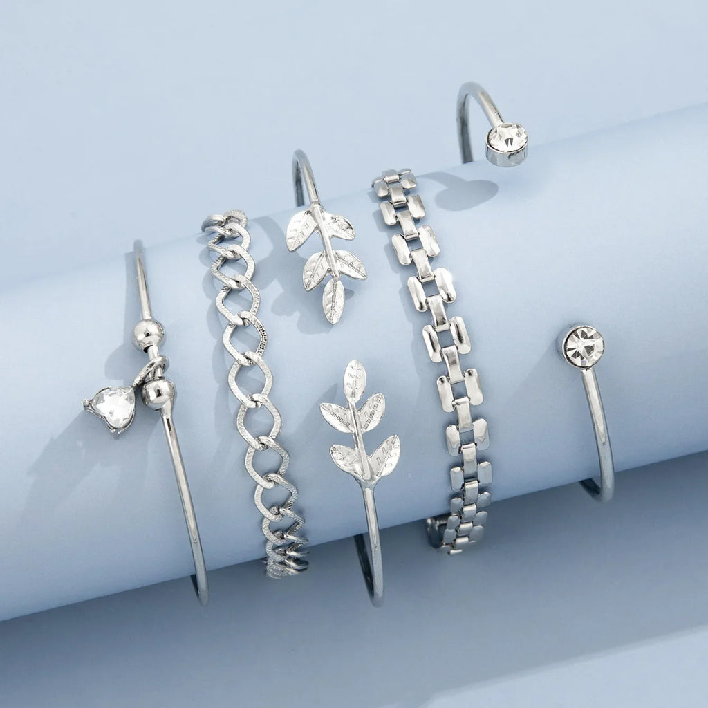 Bohemian Silver Color Geometric Link Chain Bracelet Set For Women Crystal Leaf Open Cuff Bangle Female Boho Jewelry Accessory Vera Lux