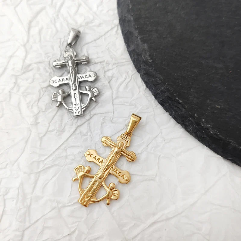 Caravaca De La Cruz Crucifix Pendant Christian Angels and Christ in Relief Stainless Steel Caravaca Cross Charms DIY Accessories Vera Lux