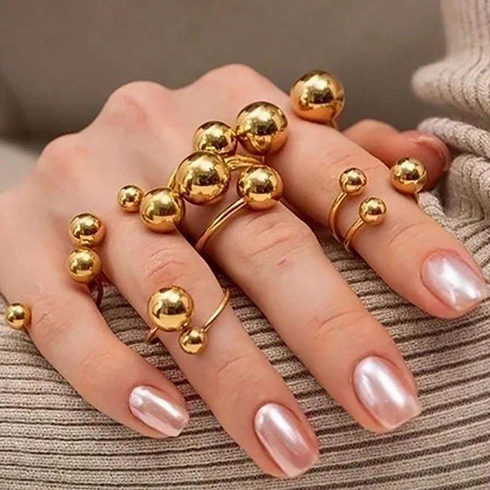 Punk Chunky Ball Rings For Women Men Gold Color Stainless Steel Anxiety Beads Ring Trendy Jewelry Finger Accessories Gift BFF Vera Lux
