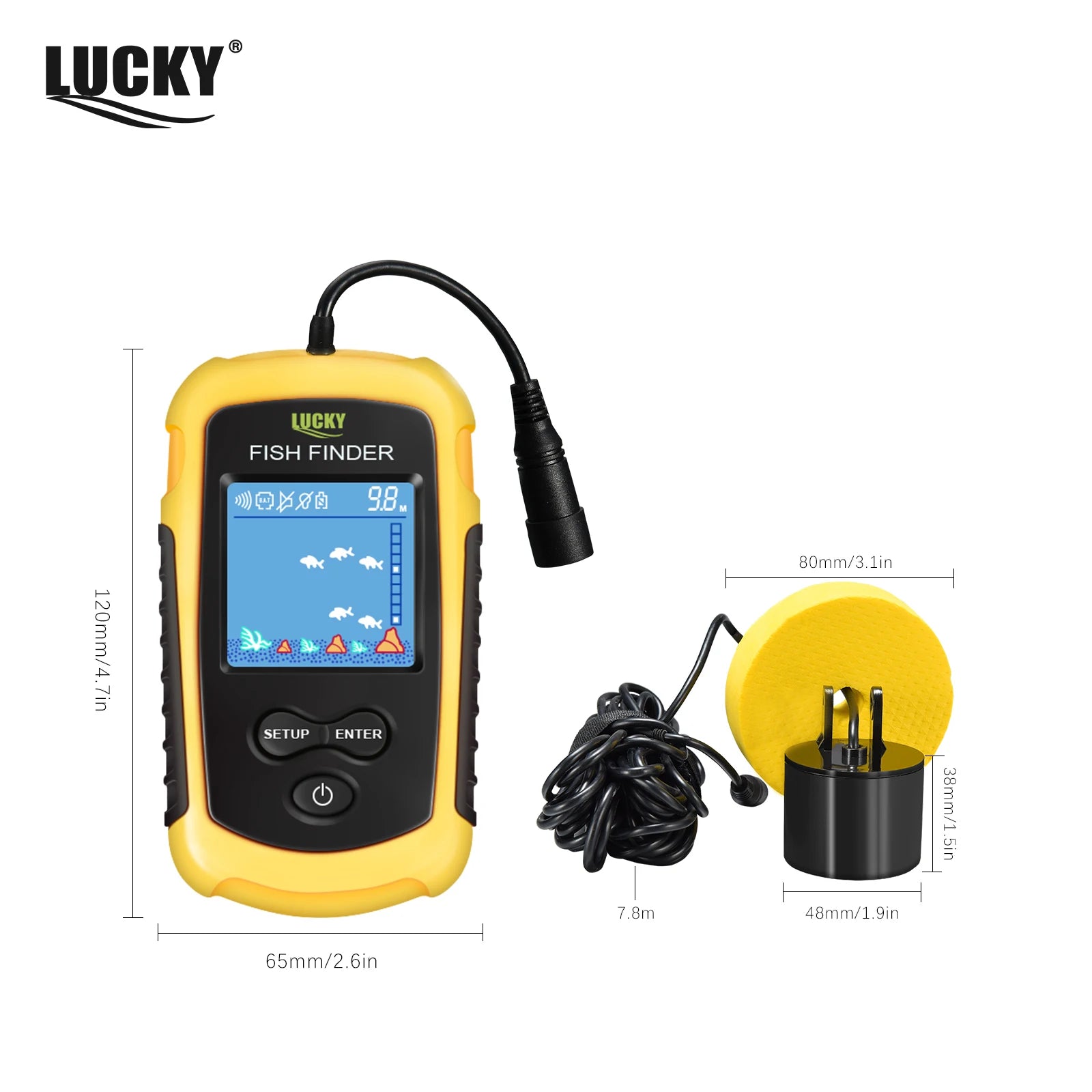 FFC1108-1 Alarm 100M Portable Sonar Fish Finders 45 degrees Sonar Coverage Echo Sounder Alarm Transducer Lake Sea Fishing Whatever the Treasure