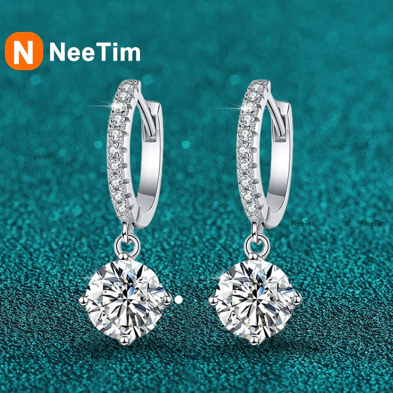 NeeTim 0.5ct 1ct S925 Sterling Silver Moissanite Drop Earrings Trendy Luxury Designer Earing for Women Gift With Certificate Vera Lux