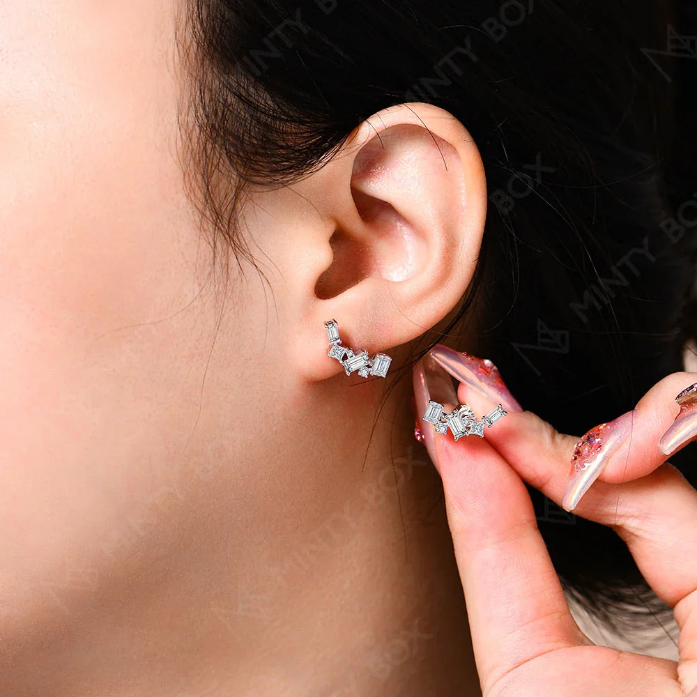 MINTYBOX Moissanite Stud Earrings for Women S925 Sterling Silver Lab Diamond Baguette shape Irregular Earring Engagement Jewelry Vera Lux