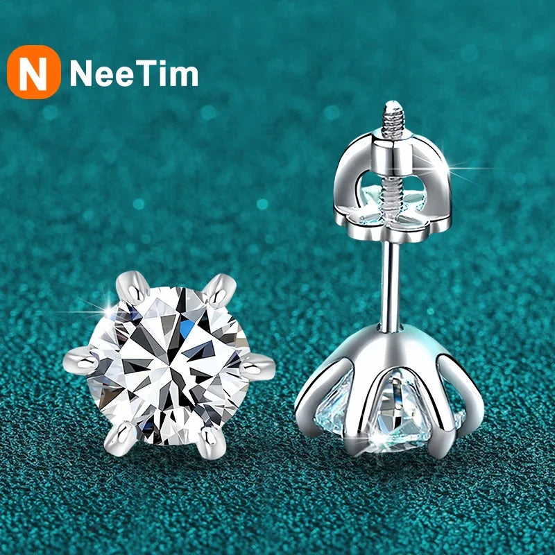 NeeTim 1ct 2ct Moissanite Screw Earrings for Women 925 Sterling Silver with Gold Plated Diamond Wedding Party Girl Stud Earrings Vera Lux