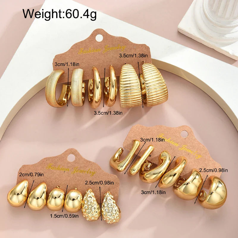18Pcs/Set Vintage Punk Waterdrop Hoop Earring for Women Fashion Gold Silver Color Exaggerated CCB Earring Daily Wear Jewelry New Vera Lux