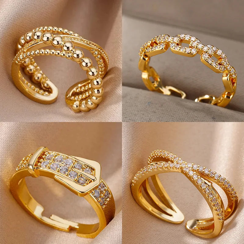 Stainless Steel Belt Rings For Women Zircon Adjustable Belt Finger Ring Femme Geometric Wedding Aesthetic Jewerly Gift anillos Vera Lux