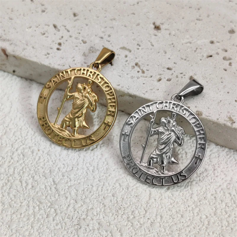 Hot Sale Religious 18K Gold Plated St.Christopher Necklace Stainless Steel Pendant Necklace For Men Women Jewelry Gift Vera Lux