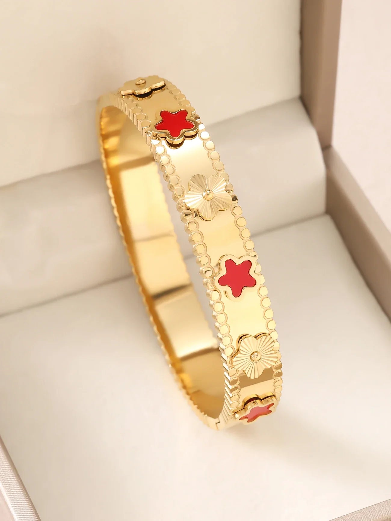 1pc 18K Gold Plated Stainless Steel Stackable Bracelet With Chain And Clover Design, Fashion Style For Women, Suitable For Casua Vera Lux