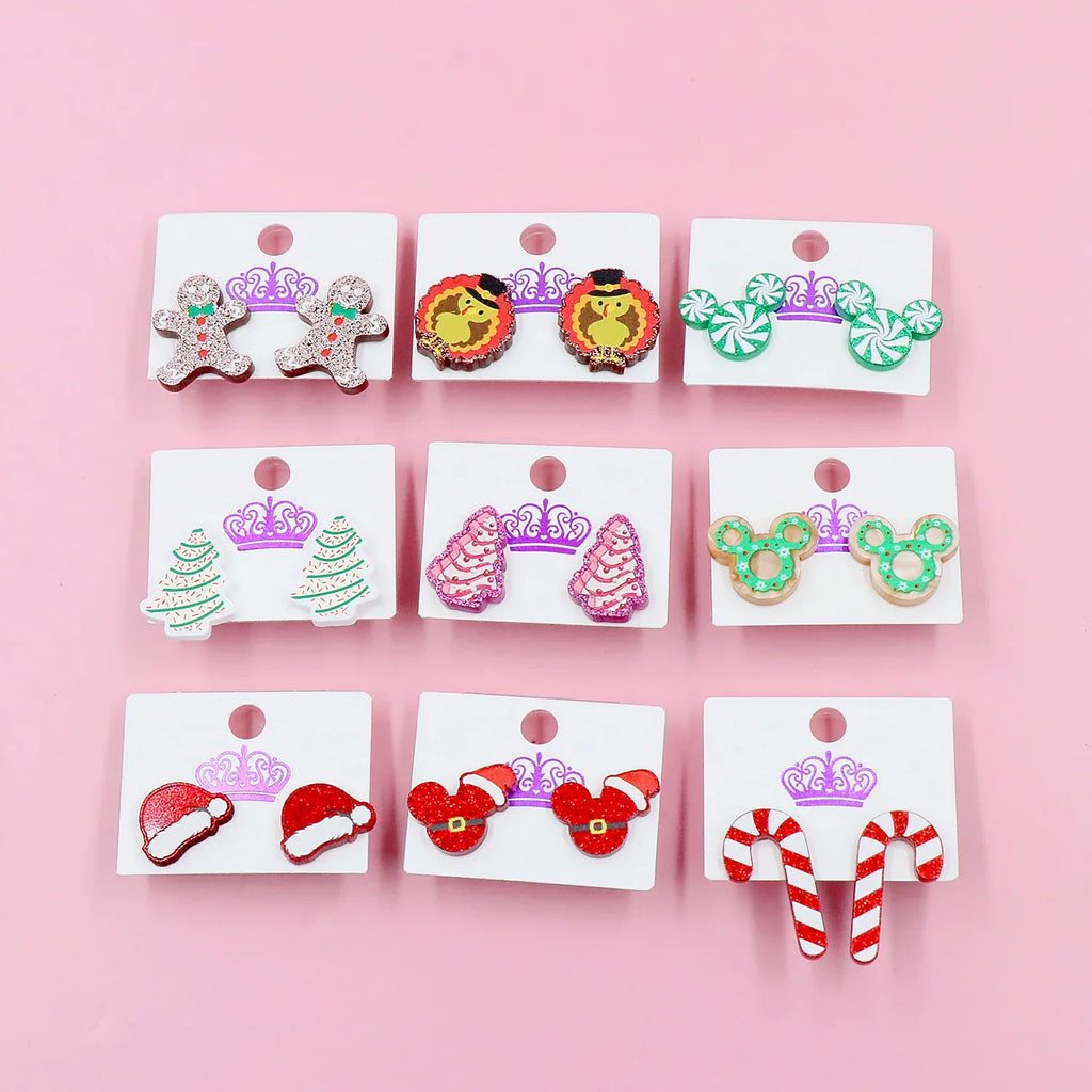 Custom Santa Hats Tree Mouse Head Turkey Glitter Acrylic Christmas Stud Earrings Stainless Steel Jewelry Wholesale Vera Lux